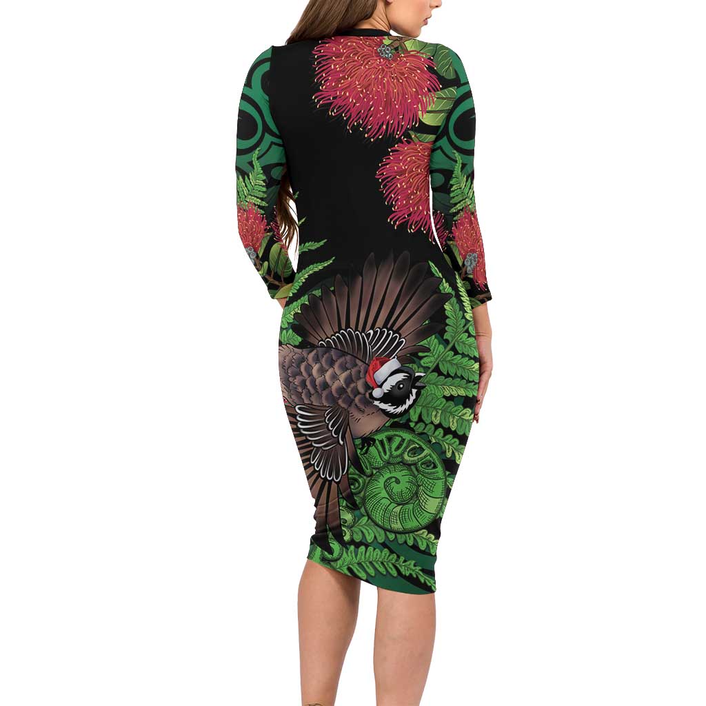 Meri Kirihimete New Zealand Long Sleeve Bodycon Dress Piwakawaka Koru Fern Mix Pohutukawa - Aussie Hoodie