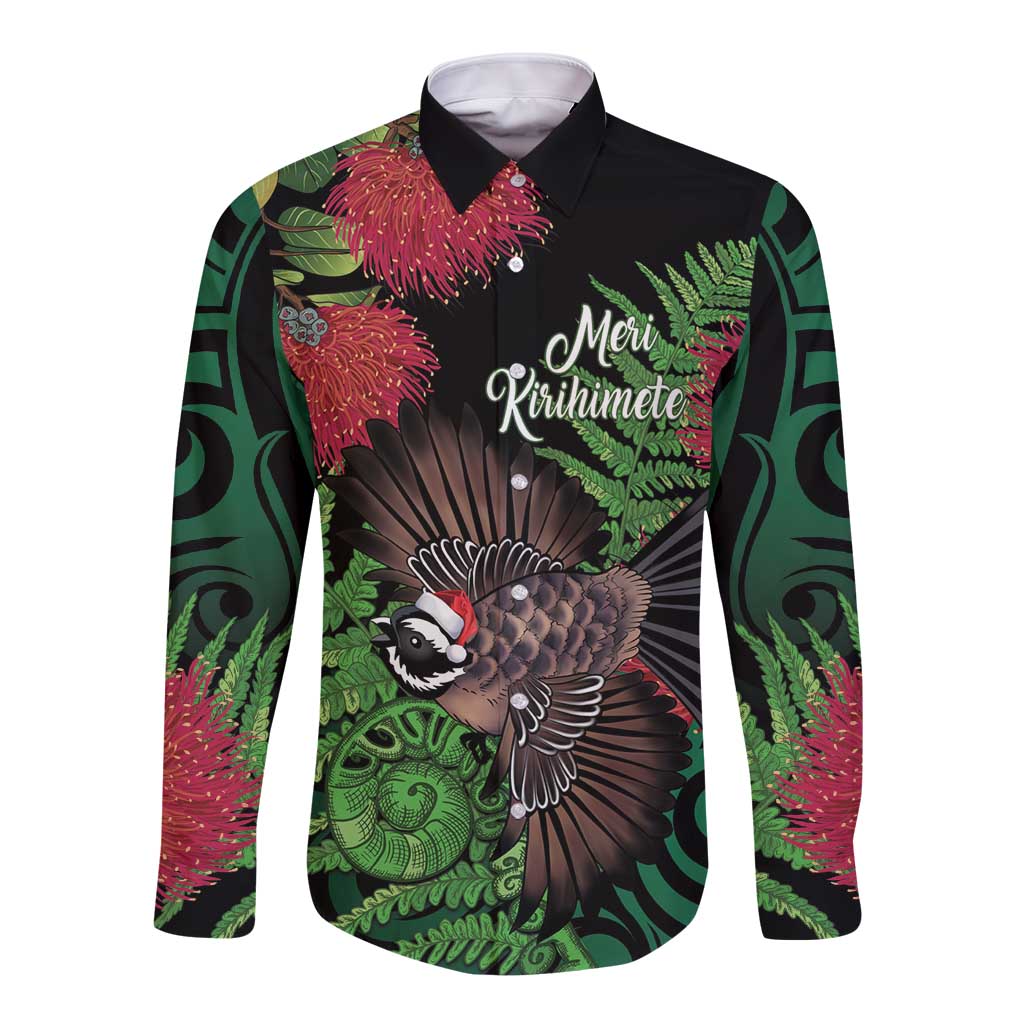 Meri Kirihimete New Zealand Long Sleeve Button Shirt Piwakawaka Koru Fern Mix Pohutukawa - Aussie Hoodie