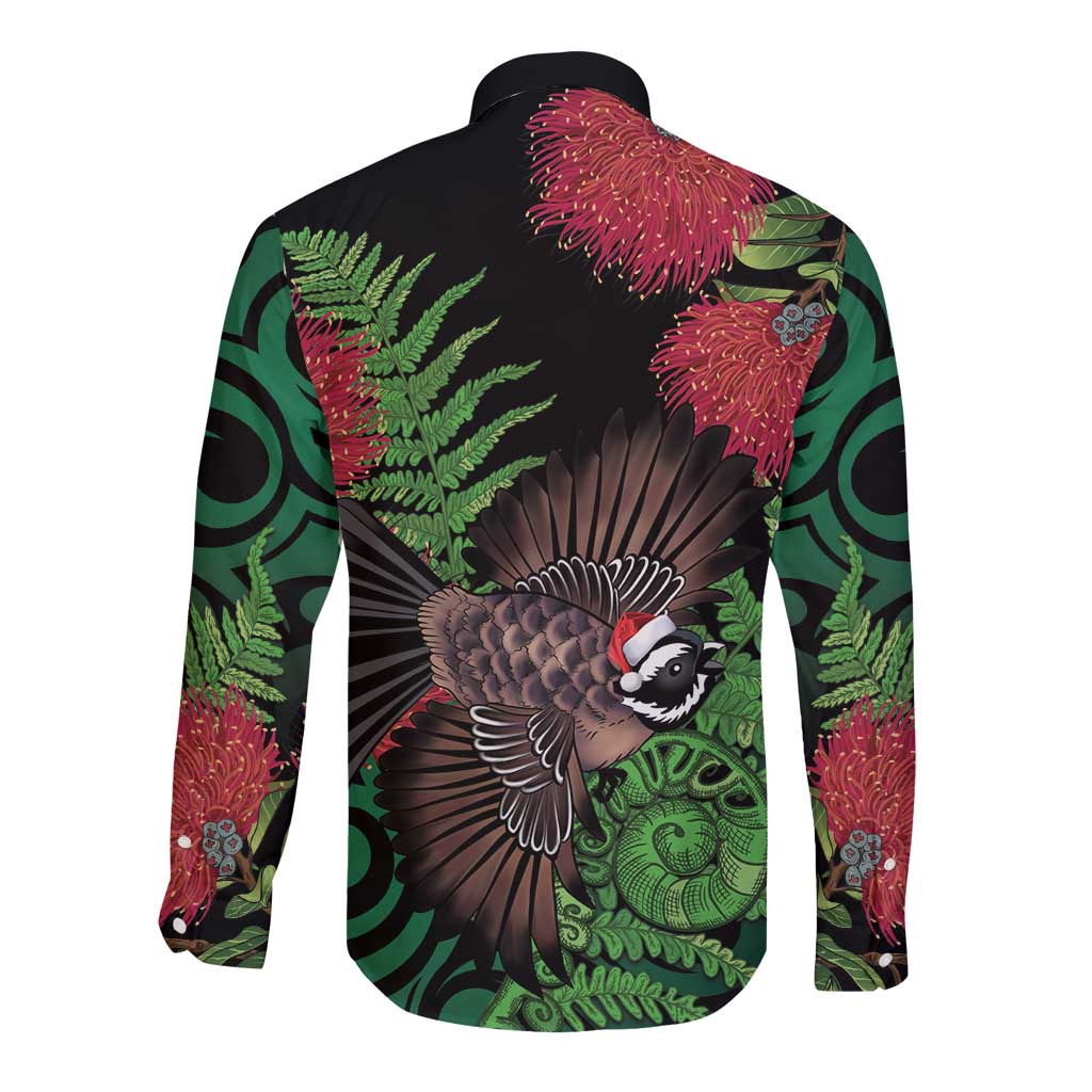 Meri Kirihimete New Zealand Long Sleeve Button Shirt Piwakawaka Koru Fern Mix Pohutukawa - Aussie Hoodie