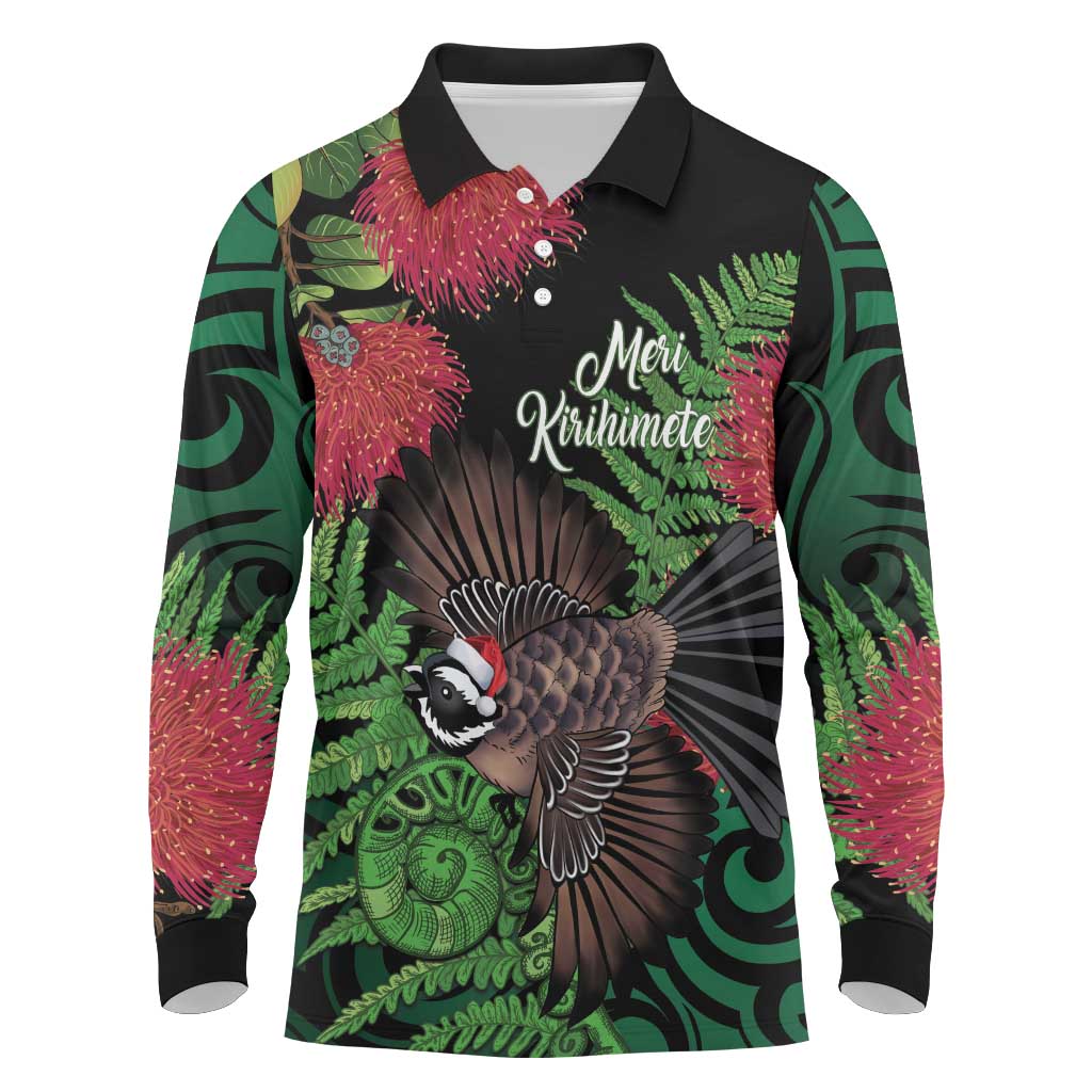 Meri Kirihimete New Zealand Long Sleeve Polo Shirt Piwakawaka Koru Fern Mix Pohutukawa - Aussie Hoodie