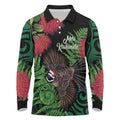 Meri Kirihimete New Zealand Long Sleeve Polo Shirt Piwakawaka Koru Fern Mix Pohutukawa - Aussie Hoodie