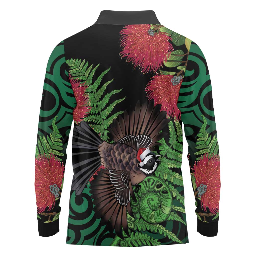 Meri Kirihimete New Zealand Long Sleeve Polo Shirt Piwakawaka Koru Fern Mix Pohutukawa - Aussie Hoodie