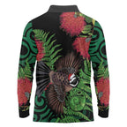 Meri Kirihimete New Zealand Long Sleeve Polo Shirt Piwakawaka Koru Fern Mix Pohutukawa - Aussie Hoodie
