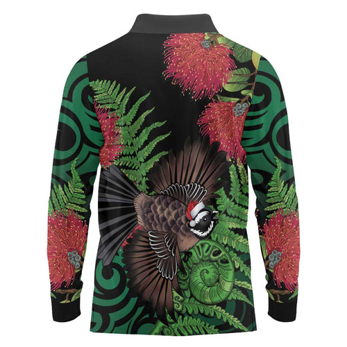 Meri Kirihimete New Zealand Long Sleeve Polo Shirt Piwakawaka Koru Fern Mix Pohutukawa - Aussie Hoodie