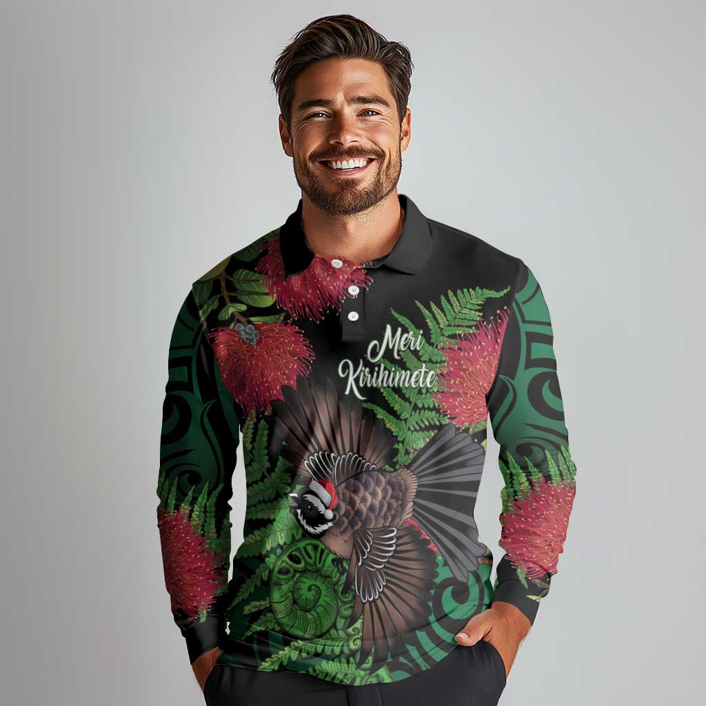 Meri Kirihimete New Zealand Long Sleeve Polo Shirt Piwakawaka Koru Fern Mix Pohutukawa - Aussie Hoodie