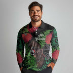 Meri Kirihimete New Zealand Long Sleeve Polo Shirt Piwakawaka Koru Fern Mix Pohutukawa - Aussie Hoodie