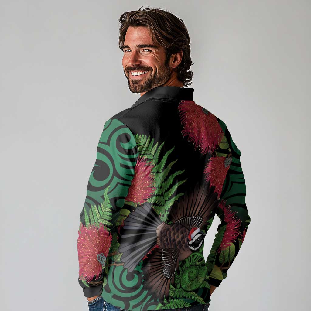 Meri Kirihimete New Zealand Long Sleeve Polo Shirt Piwakawaka Koru Fern Mix Pohutukawa - Aussie Hoodie