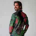 Meri Kirihimete New Zealand Long Sleeve Polo Shirt Piwakawaka Koru Fern Mix Pohutukawa - Aussie Hoodie