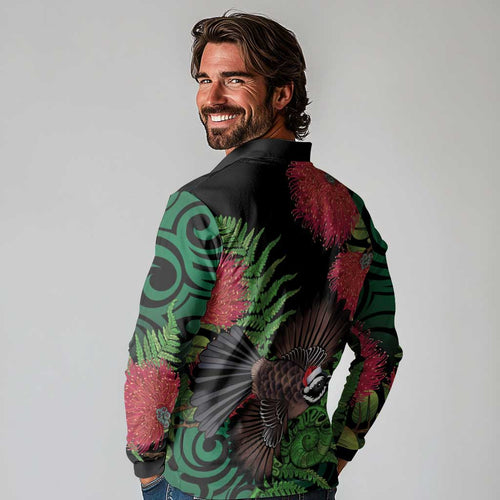 Meri Kirihimete New Zealand Long Sleeve Polo Shirt Piwakawaka Koru Fern Mix Pohutukawa - Aussie Hoodie
