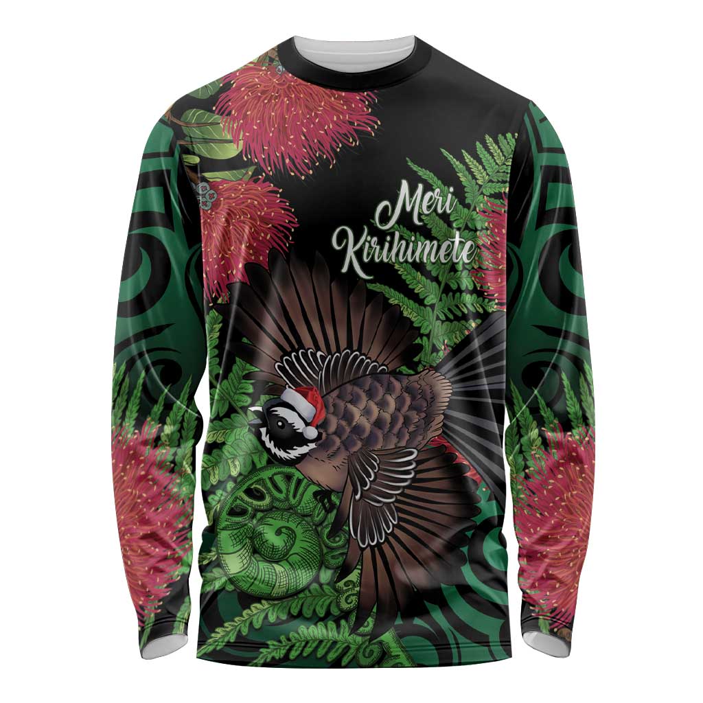 Meri Kirihimete New Zealand Long Sleeve Shirt Piwakawaka Koru Fern Mix Pohutukawa - Aussie Hoodie