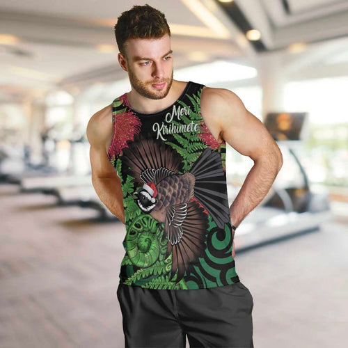 Meri Kirihimete New Zealand Men Tank Top Piwakawaka Koru Fern Mix Pohutukawa - Aussie Hoodie