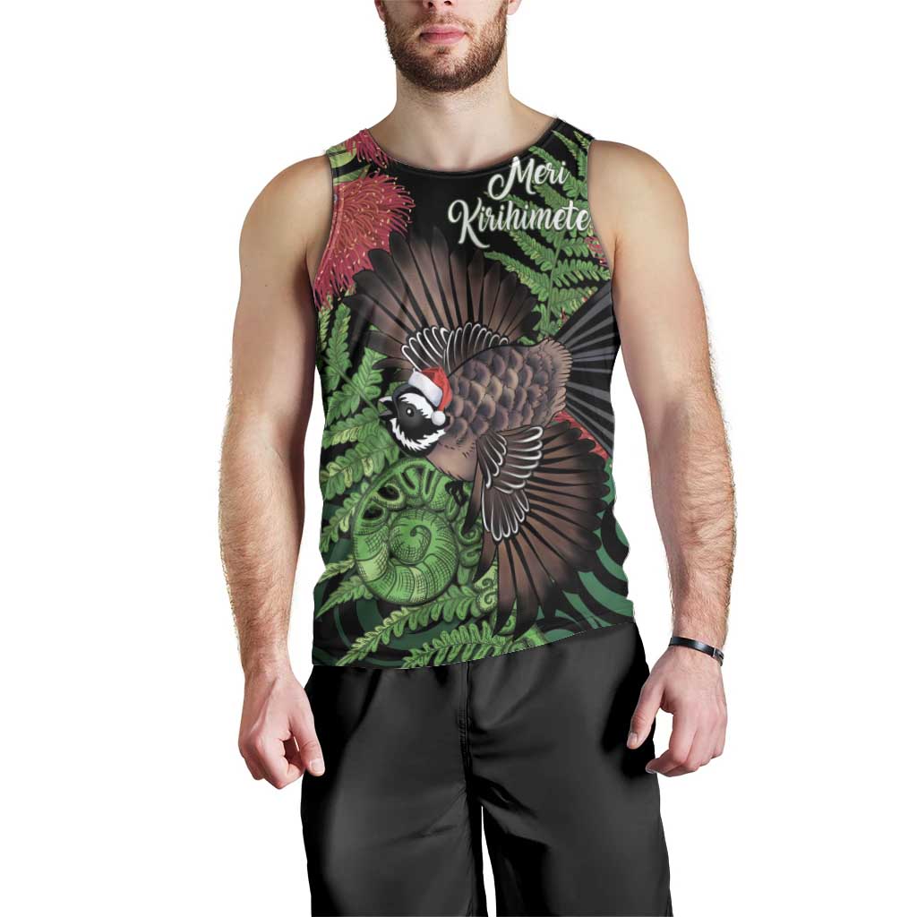 Meri Kirihimete New Zealand Men Tank Top Piwakawaka Koru Fern Mix Pohutukawa - Aussie Hoodie
