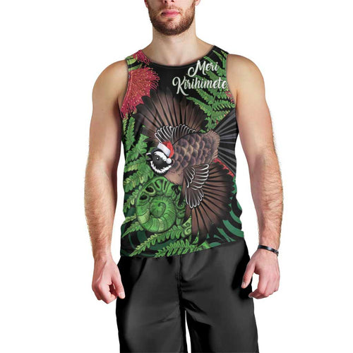 Meri Kirihimete New Zealand Men Tank Top Piwakawaka Koru Fern Mix Pohutukawa - Aussie Hoodie