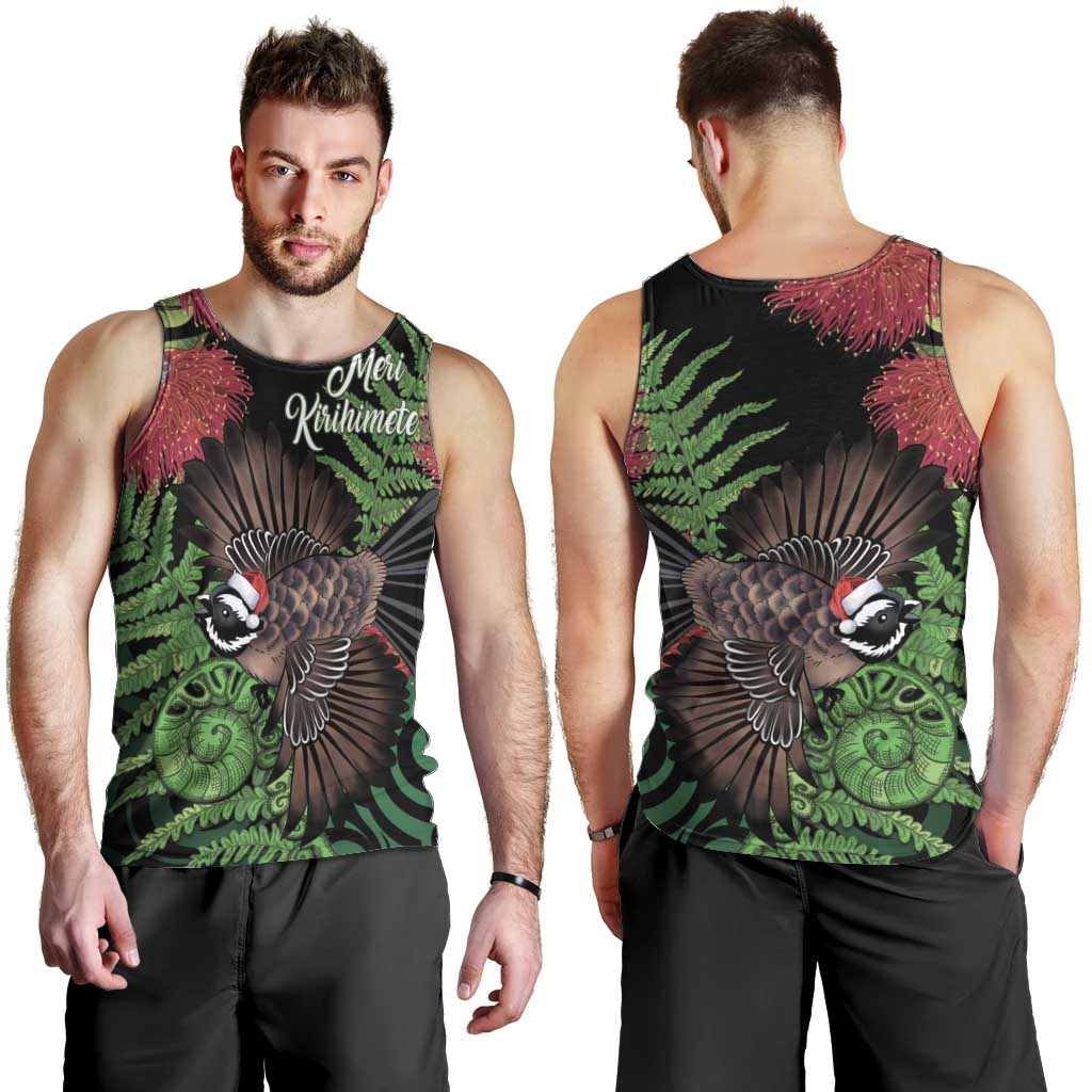 Meri Kirihimete New Zealand Men Tank Top Piwakawaka Koru Fern Mix Pohutukawa - Aussie Hoodie