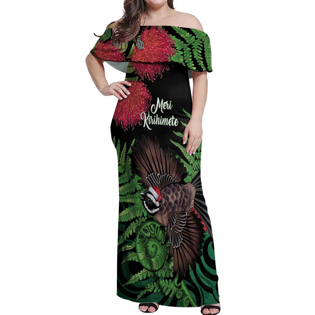 Meri Kirihimete New Zealand Off Shoulder Maxi Dress Piwakawaka Koru Fern Mix Pohutukawa - Aussie Hoodie
