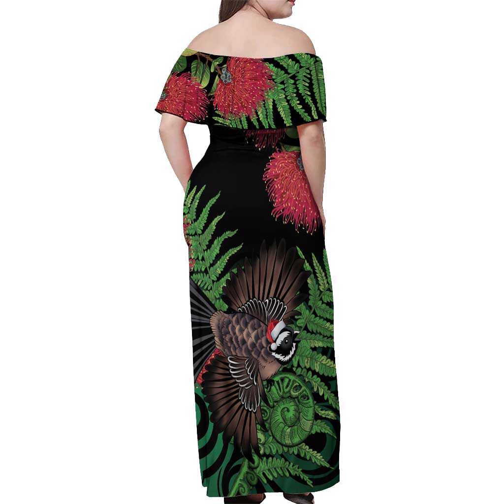 Meri Kirihimete New Zealand Off Shoulder Maxi Dress Piwakawaka Koru Fern Mix Pohutukawa - Aussie Hoodie