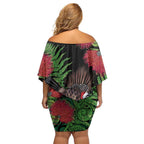 Meri Kirihimete New Zealand Off Shoulder Short Dress Piwakawaka Koru Fern Mix Pohutukawa - Aussie Hoodie