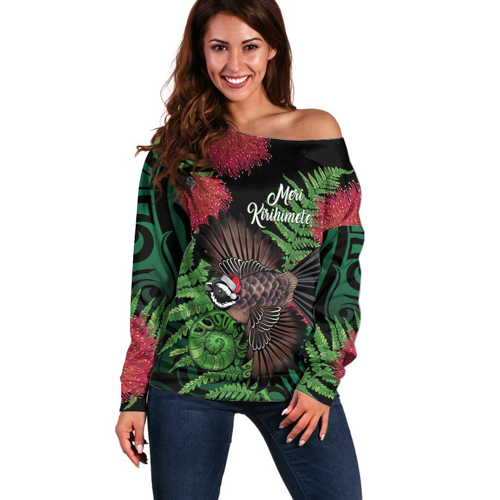 Meri Kirihimete New Zealand Off Shoulder Sweater Piwakawaka Koru Fern Mix Pohutukawa - Aussie Hoodie