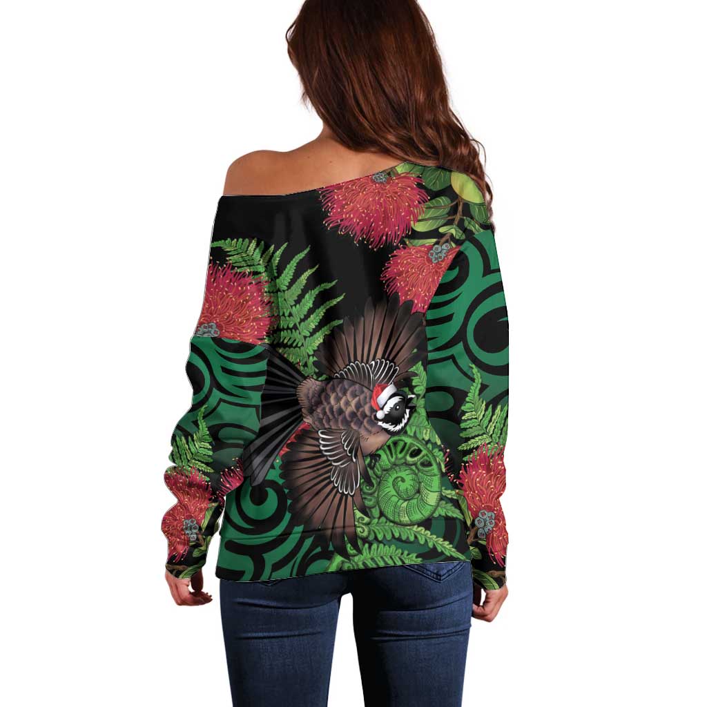Meri Kirihimete New Zealand Off Shoulder Sweater Piwakawaka Koru Fern Mix Pohutukawa - Aussie Hoodie