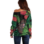Meri Kirihimete New Zealand Off Shoulder Sweater Piwakawaka Koru Fern Mix Pohutukawa - Aussie Hoodie