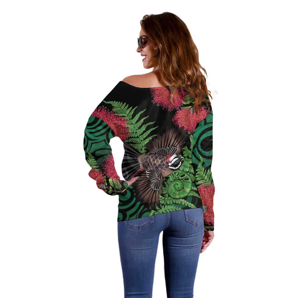 Meri Kirihimete New Zealand Off Shoulder Sweater Piwakawaka Koru Fern Mix Pohutukawa - Aussie Hoodie