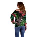 Meri Kirihimete New Zealand Off Shoulder Sweater Piwakawaka Koru Fern Mix Pohutukawa - Aussie Hoodie