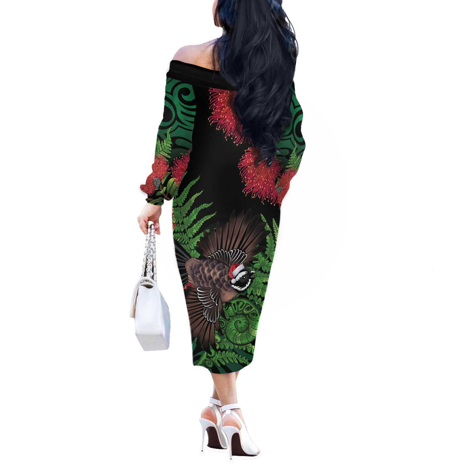Meri Kirihimete New Zealand Off The Shoulder Long Sleeve Dress Piwakawaka Koru Fern Mix Pohutukawa - Aussie Hoodie