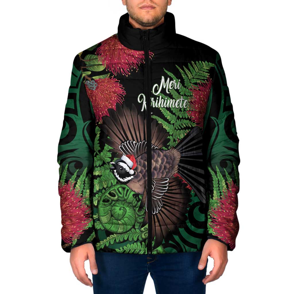 Meri Kirihimete New Zealand Padded Jacket Piwakawaka Koru Fern Mix Pohutukawa - Aussie Hoodie