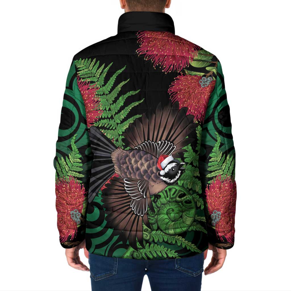 Meri Kirihimete New Zealand Padded Jacket Piwakawaka Koru Fern Mix Pohutukawa - Aussie Hoodie