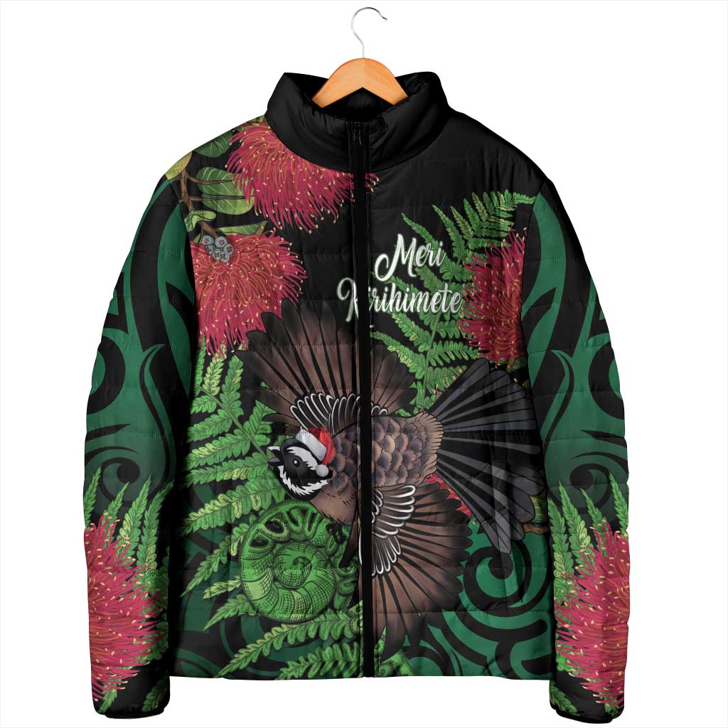 Meri Kirihimete New Zealand Padded Jacket Piwakawaka Koru Fern Mix Pohutukawa - Aussie Hoodie