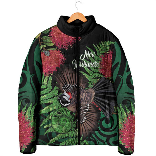 Meri Kirihimete New Zealand Padded Jacket Piwakawaka Koru Fern Mix Pohutukawa - Aussie Hoodie