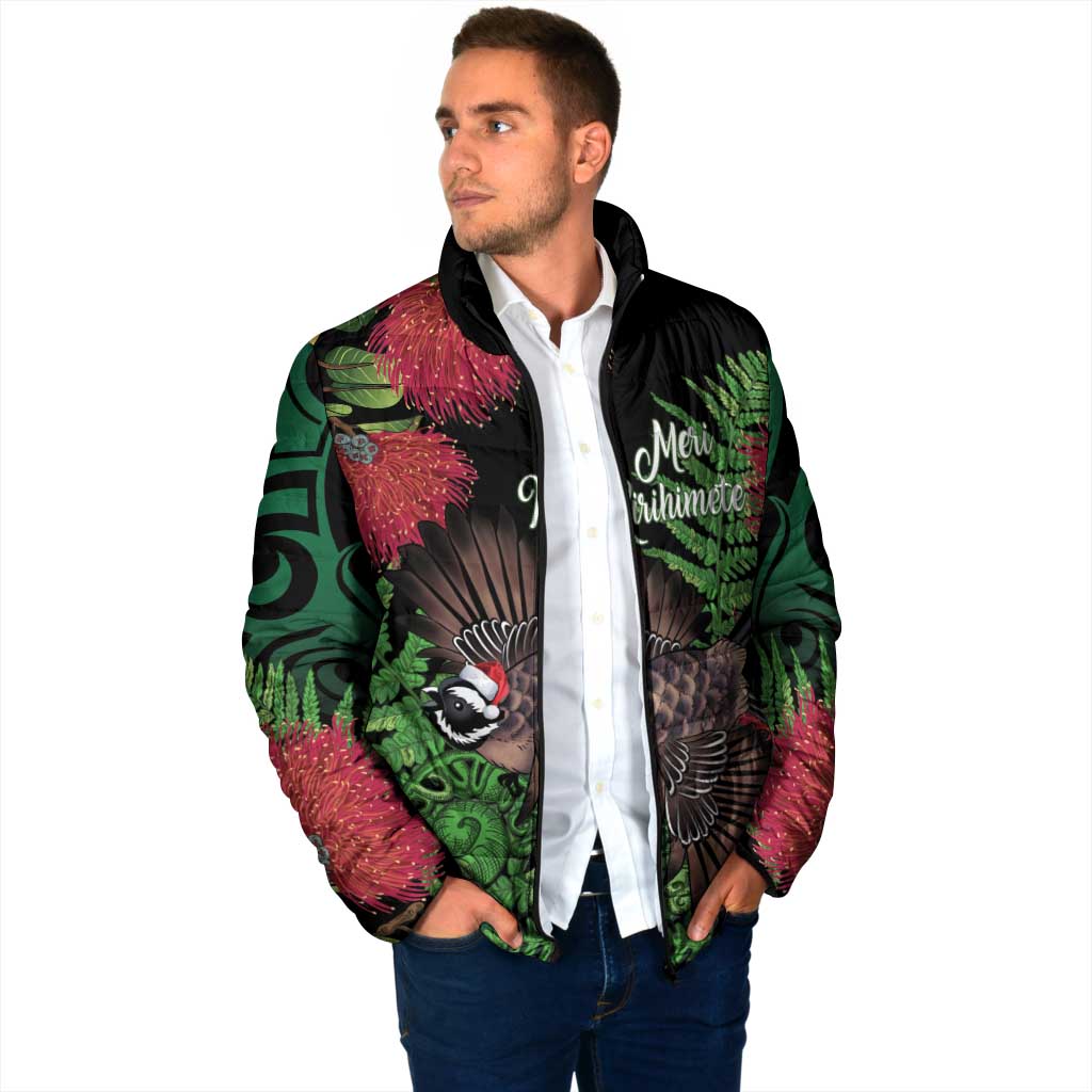 Meri Kirihimete New Zealand Padded Jacket Piwakawaka Koru Fern Mix Pohutukawa - Aussie Hoodie
