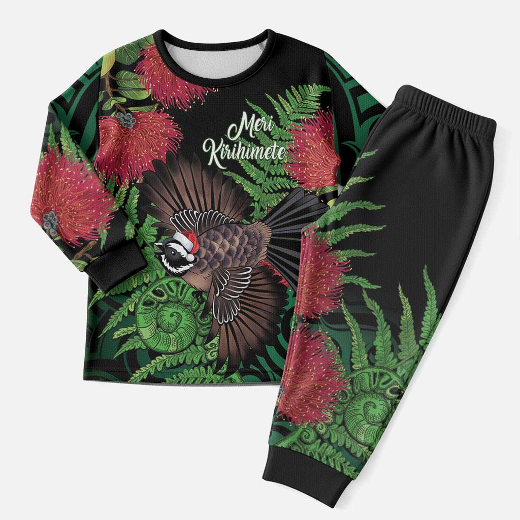 Meri Kirihimete New Zealand Christmas Pajama Set Piwakawaka Koru Fern Mix Pohutukawa - Aussie Hoodie