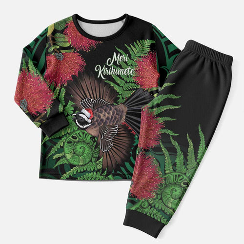 Meri Kirihimete New Zealand Christmas Pajama Set Piwakawaka Koru Fern Mix Pohutukawa - Aussie Hoodie