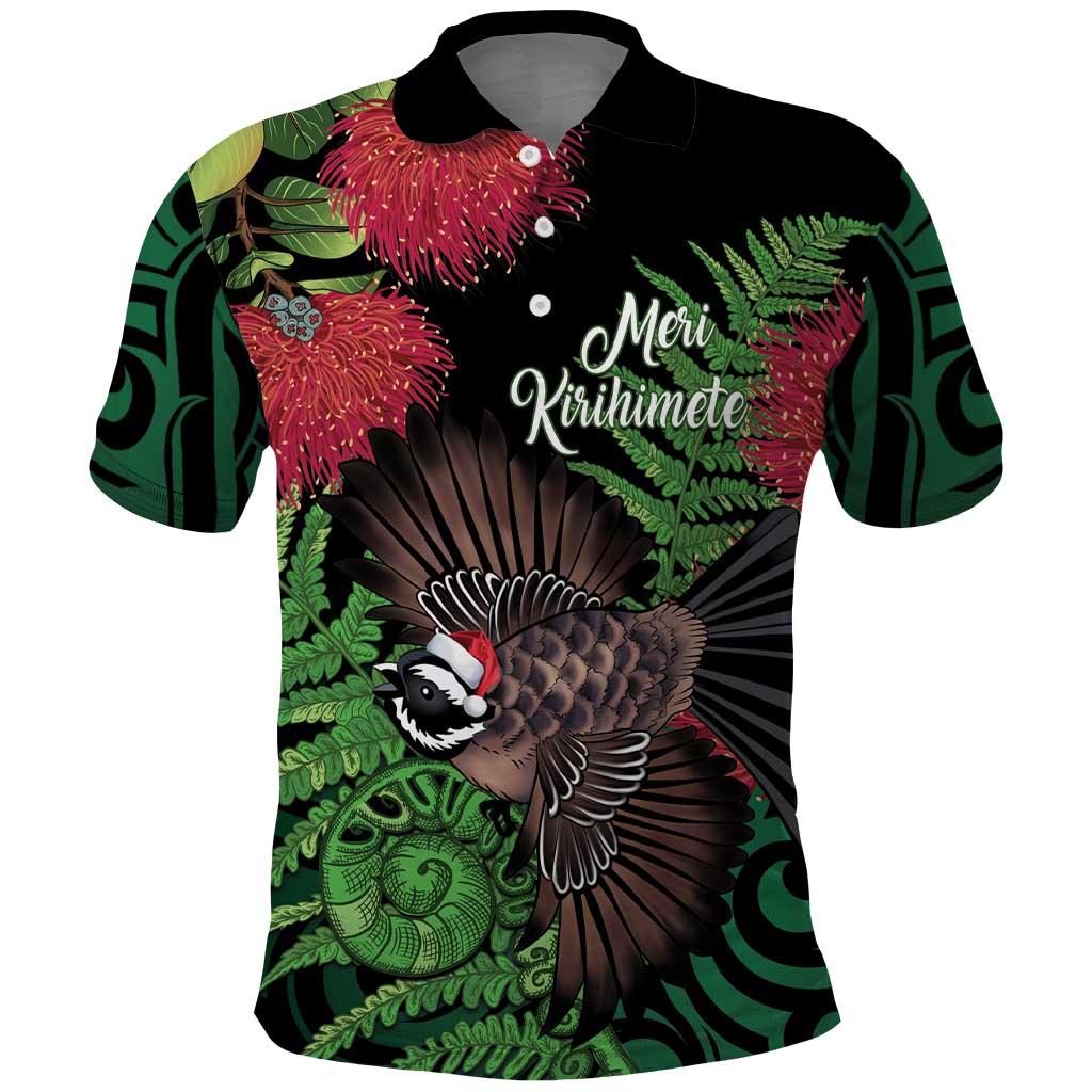 Meri Kirihimete New Zealand Polo Shirt Piwakawaka Koru Fern Mix Pohutukawa - Aussie Hoodie