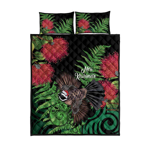 Meri Kirihimete New Zealand Quilt Bed Set Piwakawaka Koru Fern Mix Pohutukawa - Aussie Hoodie