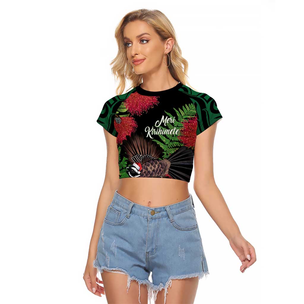Meri Kirihimete New Zealand Raglan Cropped T Shirt Piwakawaka Koru Fern Mix Pohutukawa - Aussie Hoodie