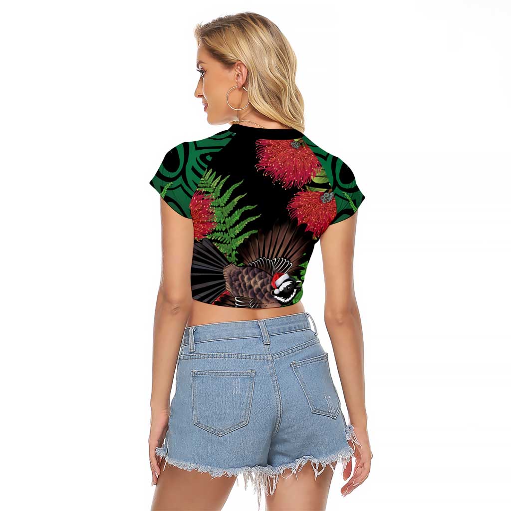 Meri Kirihimete New Zealand Raglan Cropped T Shirt Piwakawaka Koru Fern Mix Pohutukawa - Aussie Hoodie
