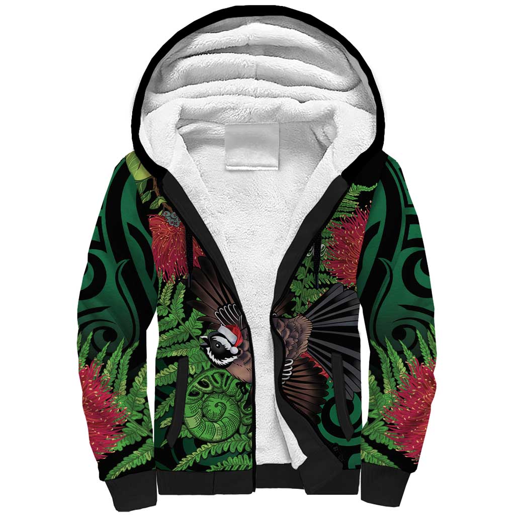 Meri Kirihimete New Zealand Sherpa Hoodie Piwakawaka Koru Fern Mix Pohutukawa - Aussie Hoodie