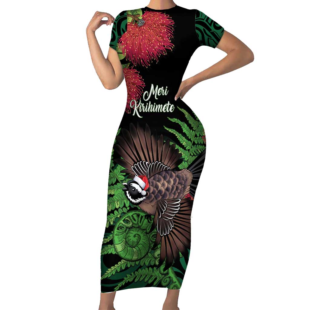 Meri Kirihimete New Zealand Short Sleeve Bodycon Dress Piwakawaka Koru Fern Mix Pohutukawa - Aussie Hoodie