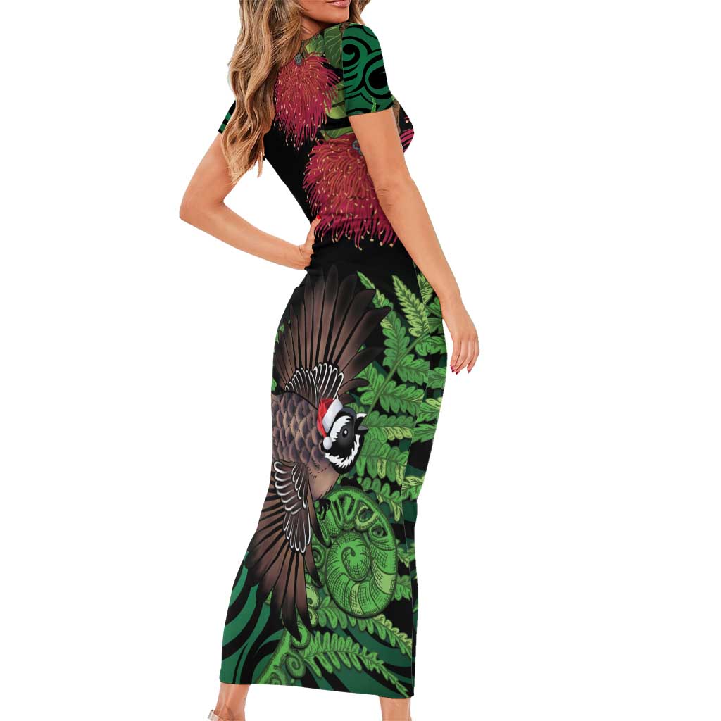 Meri Kirihimete New Zealand Short Sleeve Bodycon Dress Piwakawaka Koru Fern Mix Pohutukawa - Aussie Hoodie