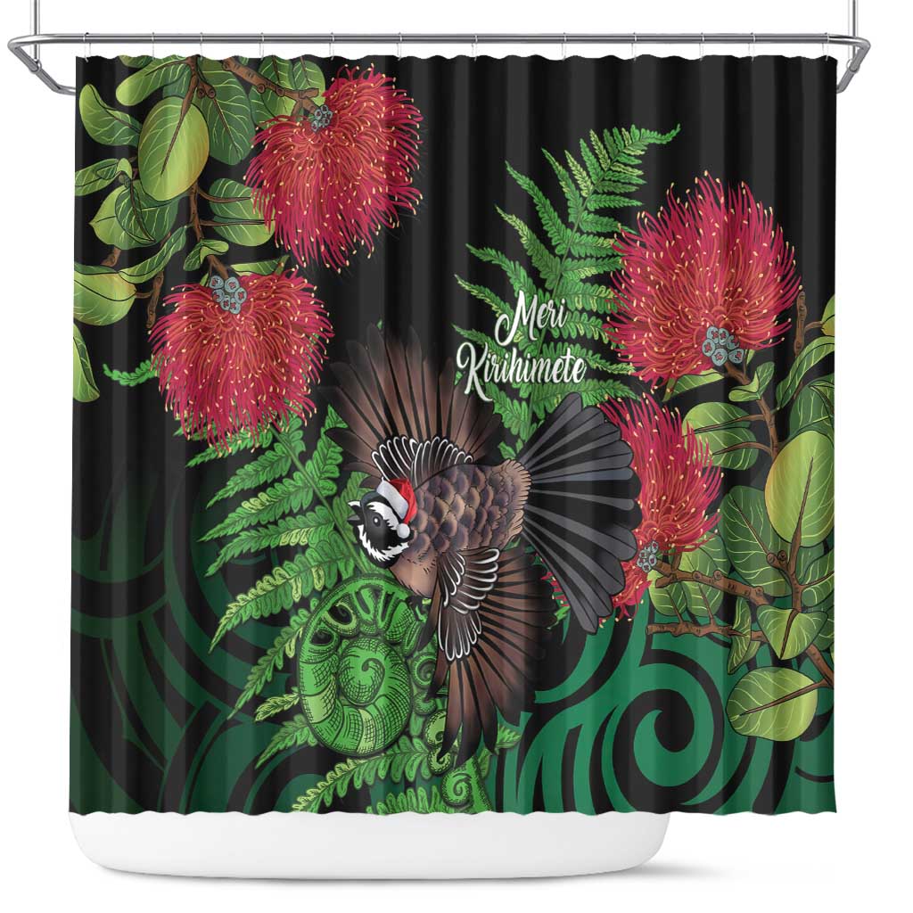 Meri Kirihimete New Zealand Shower Curtain Piwakawaka Koru Fern Mix Pohutukawa - Aussie Hoodie