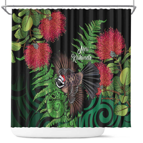 Meri Kirihimete New Zealand Shower Curtain Piwakawaka Koru Fern Mix Pohutukawa - Aussie Hoodie