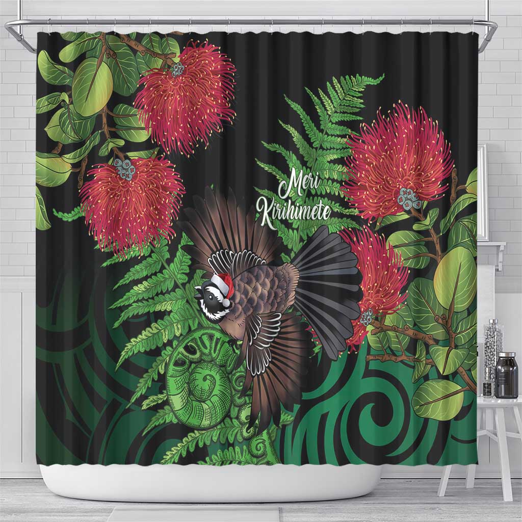 Meri Kirihimete New Zealand Shower Curtain Piwakawaka Koru Fern Mix Pohutukawa - Aussie Hoodie