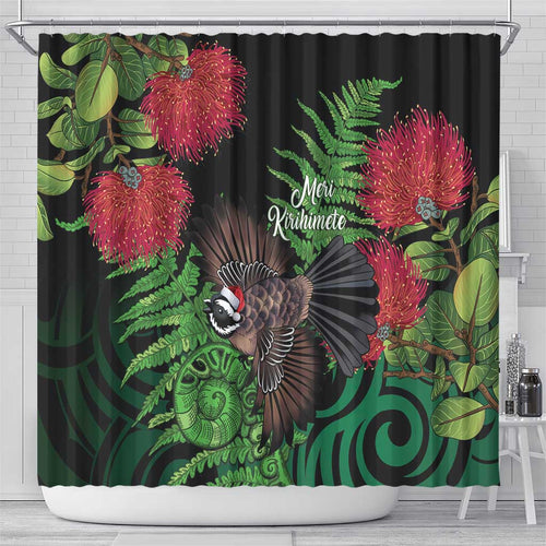 Meri Kirihimete New Zealand Shower Curtain Piwakawaka Koru Fern Mix Pohutukawa - Aussie Hoodie