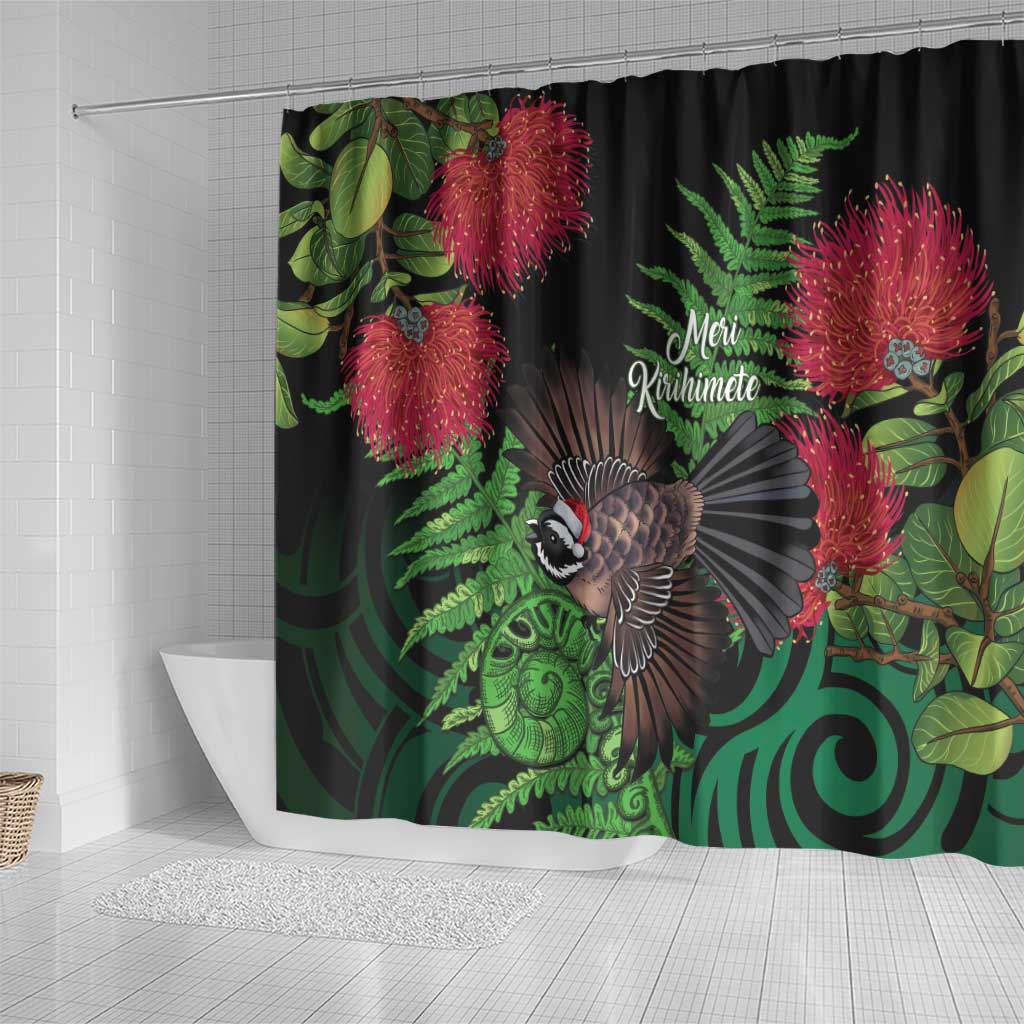 Meri Kirihimete New Zealand Shower Curtain Piwakawaka Koru Fern Mix Pohutukawa - Aussie Hoodie