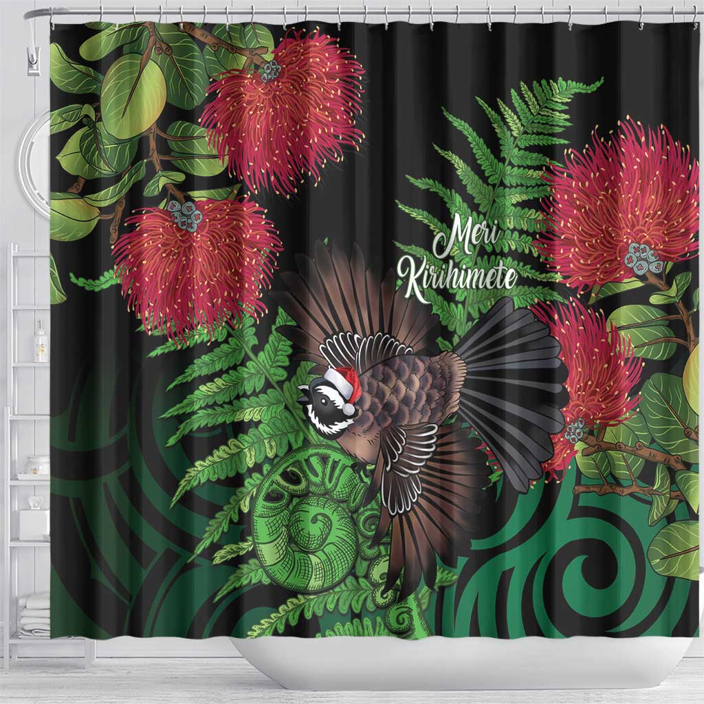 Meri Kirihimete New Zealand Shower Curtain Piwakawaka Koru Fern Mix Pohutukawa - Aussie Hoodie