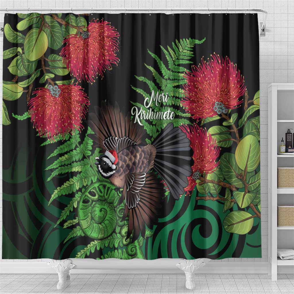 Meri Kirihimete New Zealand Shower Curtain Piwakawaka Koru Fern Mix Pohutukawa - Aussie Hoodie