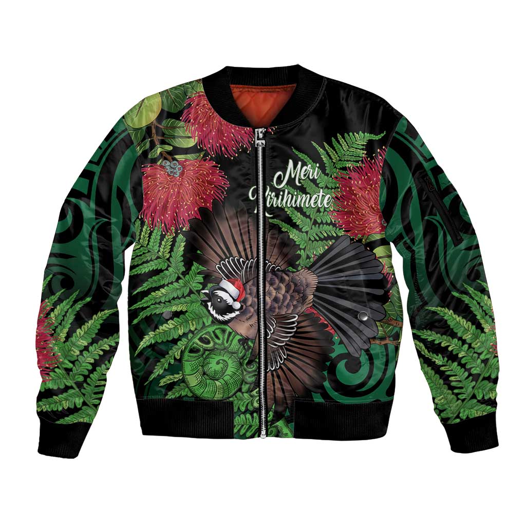 Meri Kirihimete New Zealand Sleeve Zip Bomber Jacket Piwakawaka Koru Fern Mix Pohutukawa - Aussie Hoodie