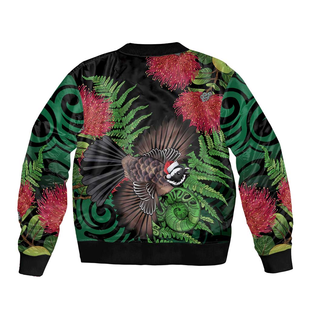 Meri Kirihimete New Zealand Sleeve Zip Bomber Jacket Piwakawaka Koru Fern Mix Pohutukawa - Aussie Hoodie